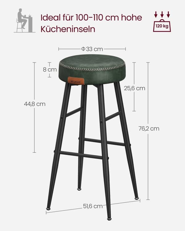 Rootz 4-delade set barstolar - Bänkstolar - Kökspallar - Stålstomme - 58D gjutet skum - PU syntetiskt läder - Plywood - Skogsgrön - 51,6 cm x 51,6 cm