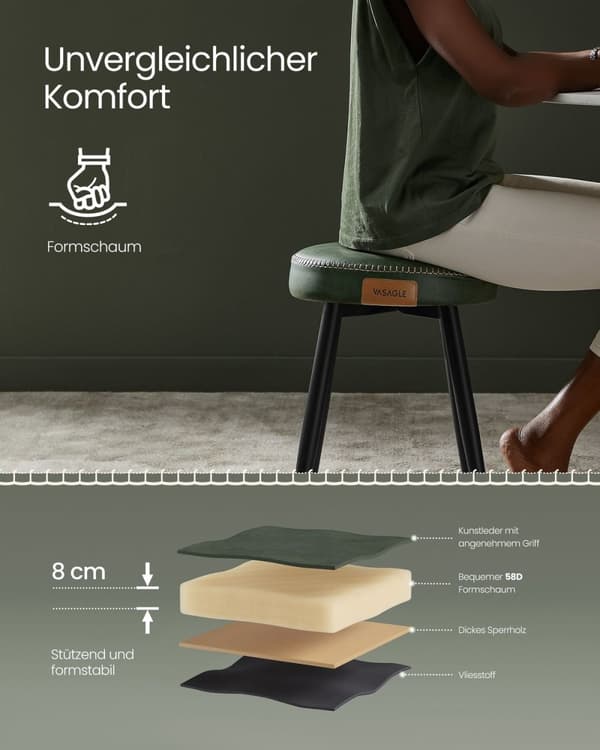 Rootz Forest Green Steel Barstolesæt - Bordskammel - Køkkenskammel - 58D støbt skum - PU syntetisk læder - Krydsfiner - 48 cm x 48 cm x 48,2 cm - Letv