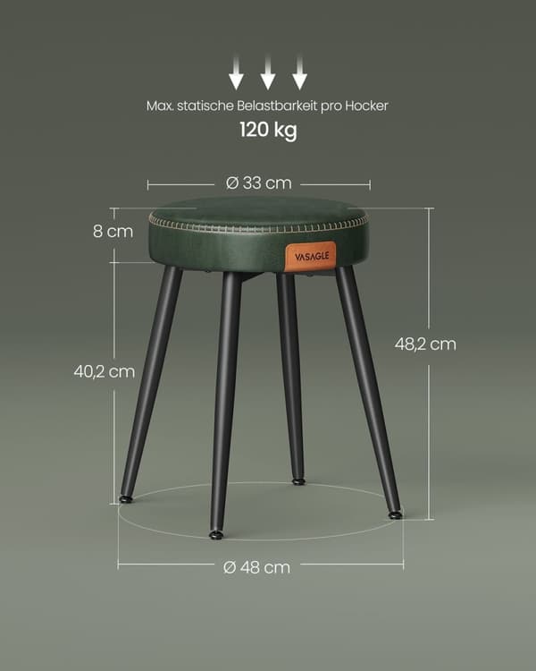 Rootz Forest Green Steel Barstolesæt - Bordskammel - Køkkenskammel - 58D støbt skum - PU syntetisk læder - Krydsfiner - 48 cm x 48 cm x 48,2 cm - Letv