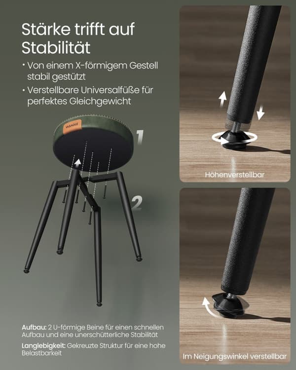Rootz Forest Green Steel Barstolesæt - Bordskammel - Køkkenskammel - 58D støbt skum - PU syntetisk læder - Krydsfiner - 48 cm x 48 cm x 48,2 cm - Letv