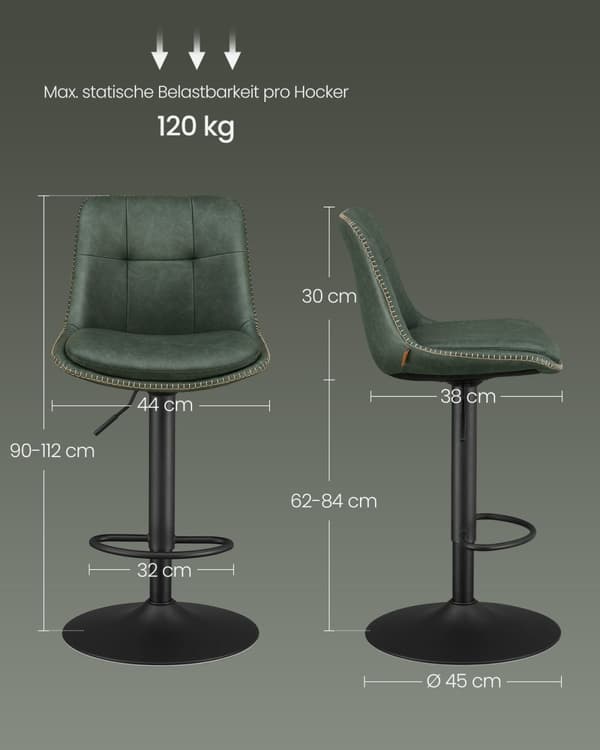 Rootz Forest Green PU-baarituolit - Työpöytäjakkarat - Kääntyvät istuimet - Kromattu teräs - Vaahtomuovipehmuste - Säädettävä korkeus - Ergonominen mu