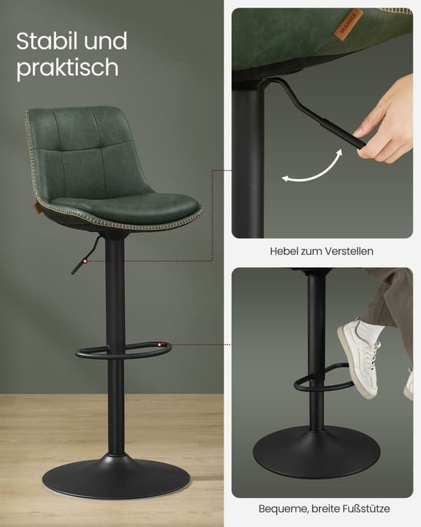 Rootz Forest Green PU-baarituolit - Työpöytäjakkarat - Kääntyvät istuimet - Kromattu teräs - Vaahtomuovipehmuste - Säädettävä korkeus - Ergonominen mu
