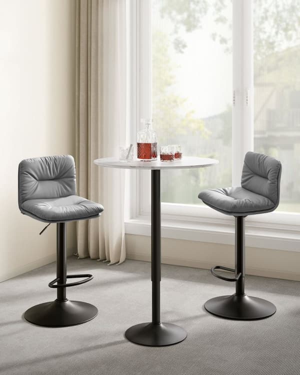 Rootz Grey 2-delt sæt barstole - Bordskamler - Køkkenø-sæder - PU-materiale - Metalramme - Skumpolstring - Justerbar højde - Kompakt design - Ergonomi