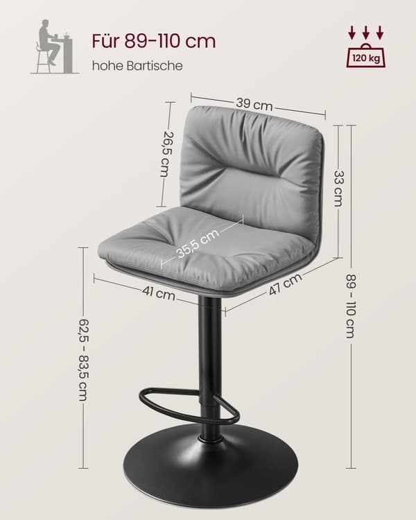 Rootz Grey 2-delt sæt barstole - Bordskamler - Køkkenø-sæder - PU-materiale - Metalramme - Skumpolstring - Justerbar højde - Kompakt design - Ergonomi