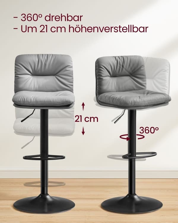 Rootz Grey 2-delt sæt barstole - Bordskamler - Køkkenø-sæder - PU-materiale - Metalramme - Skumpolstring - Justerbar højde - Kompakt design - Ergonomi