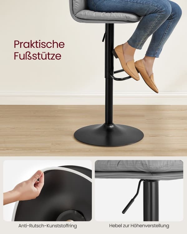 Rootz Grey 2-delt sæt barstole - Bordskamler - Køkkenø-sæder - PU-materiale - Metalramme - Skumpolstring - Justerbar højde - Kompakt design - Ergonomi