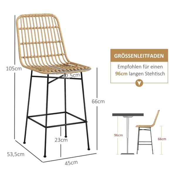 Rootz Sæt med 2 Boho Barstole - Bordskamler - Rottefletstole - Åndbar komfort - Robust stålstel - 45 x 53,5 x 105 cm
