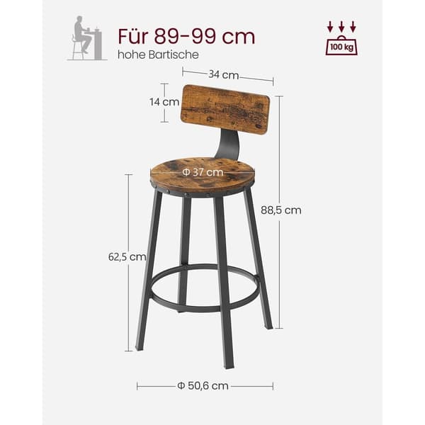 Rootz Vintage Brun-Svart 2-delad uppsättning barstolar - Bänkpallar - Spånstål - Kompakt design - Enkel montering - Robust konstruktion - 37 cm x 62,5