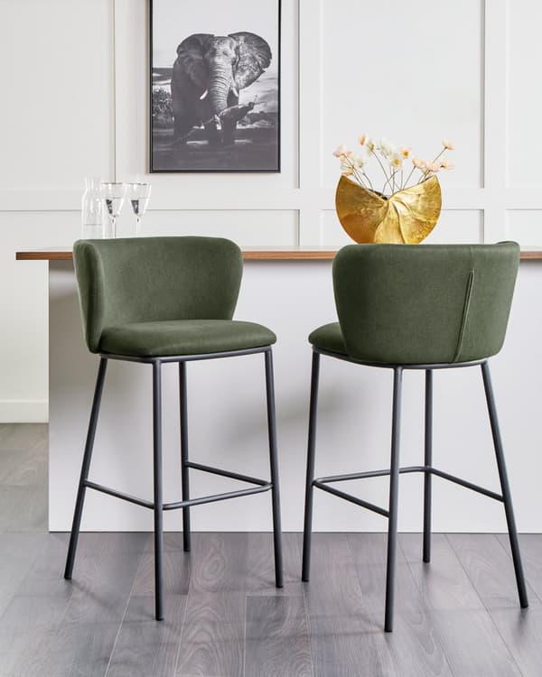 Barstole Mørkegrøn Sæt af 2 Høj Køkkenstole Retro Rund Ryglæn Fodstøtte Design Counterstol til Barbord Stole til Køkkenø