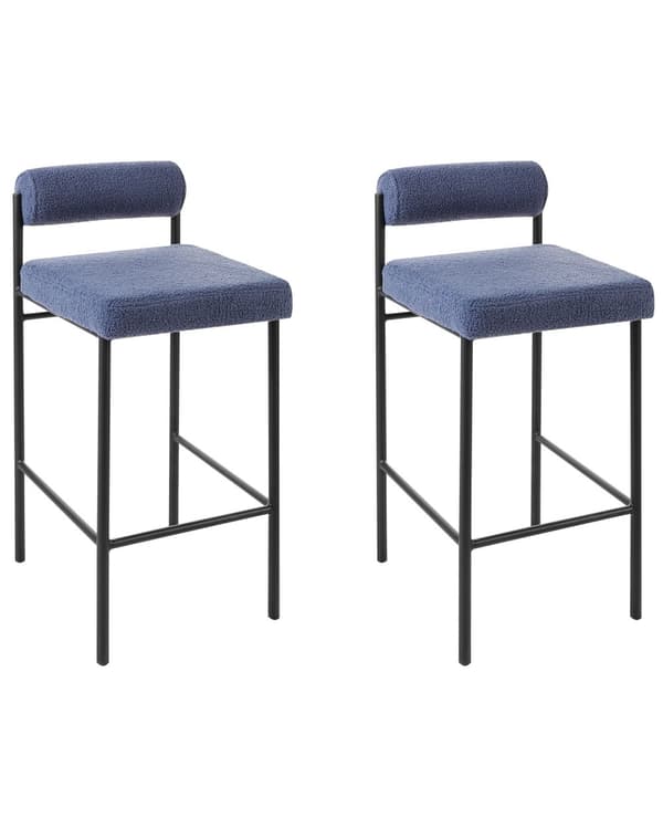 Sett med 2 barstoler Blå Bouclé Polyester Svarte metallben Uten armlener Rund ryggstøtte Moderne design Spisestue Kjøkken