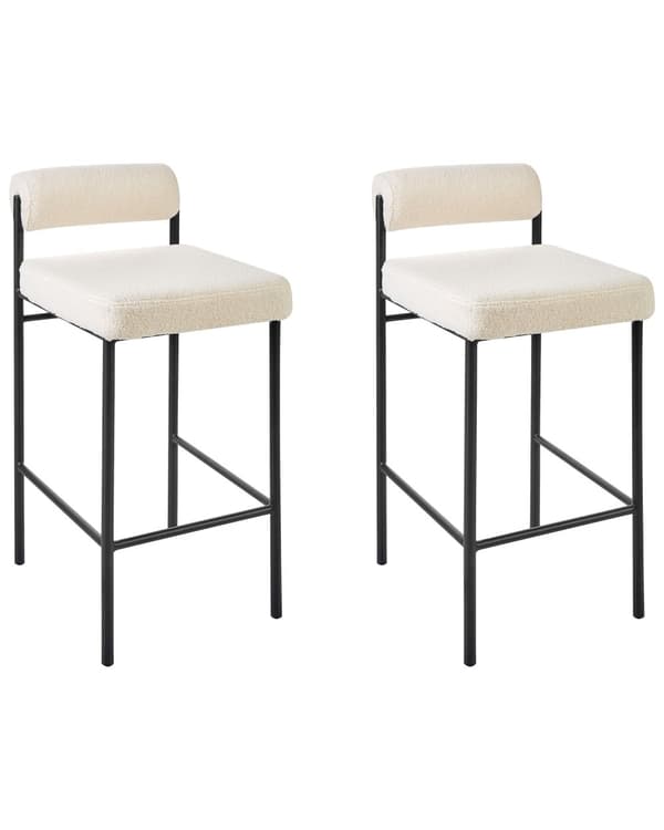 Sett med 2 barstoler Hvit Bouclé Polyester Svarte metallben Uten armlener Rund ryggstøtte Moderne design Spisestue Kjøkken