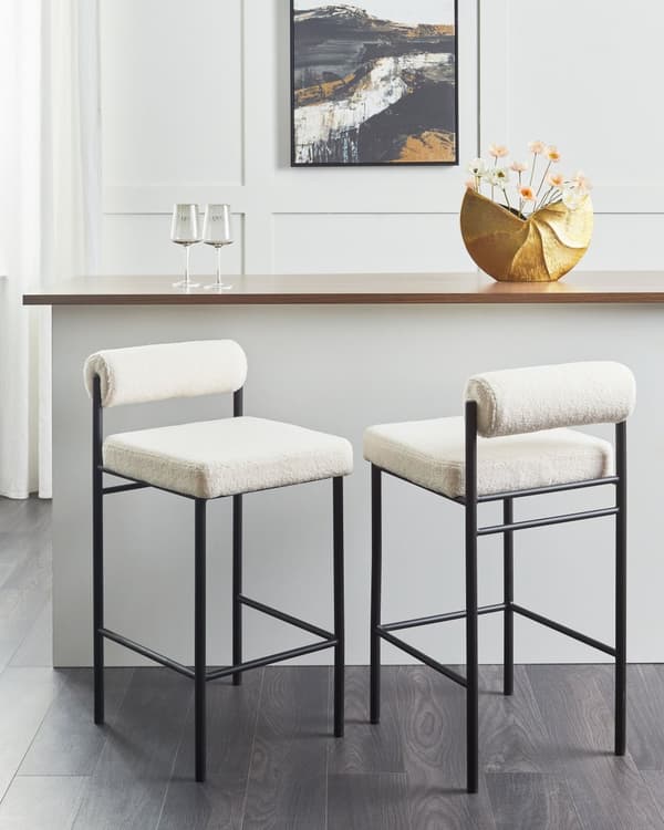 Sett med 2 barstoler Hvit Bouclé Polyester Svarte metallben Uten armlener Rund ryggstøtte Moderne design Spisestue Kjøkken