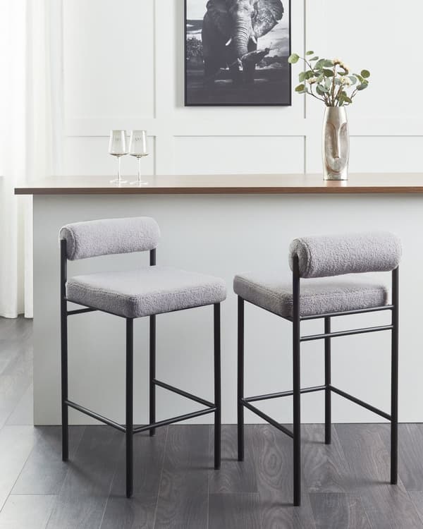 Barstolar 2 st Grå Polyester Boucléklädsel Svarta Metallben Armlösa Stolar Rullstöd Modern Matsal Kök