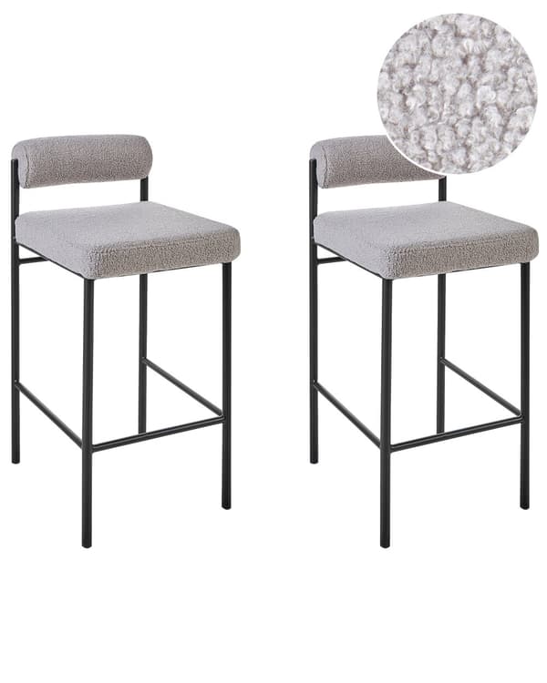 Barstolar 2 st Grå Polyester Boucléklädsel Svarta Metallben Armlösa Stolar Rullstöd Modern Matsal Kök