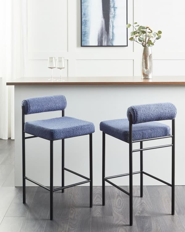 Barstolar 2 st Blå Polyester Boucléklädsel Svarta Metallben Armlösa Stolar Rullstöd Modern Matsal Kök