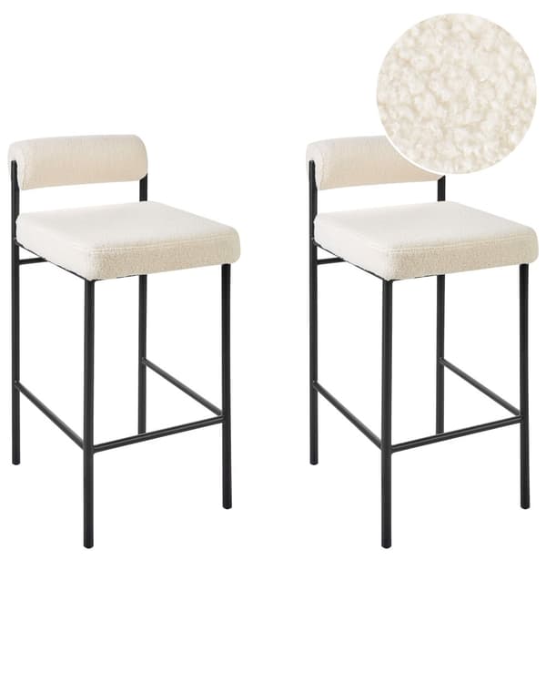 Barstolar 2 st Vit Polyester Boucléklädsel Svarta Metallben Armlösa Stolar Rullstöd Modern Matsal Kök