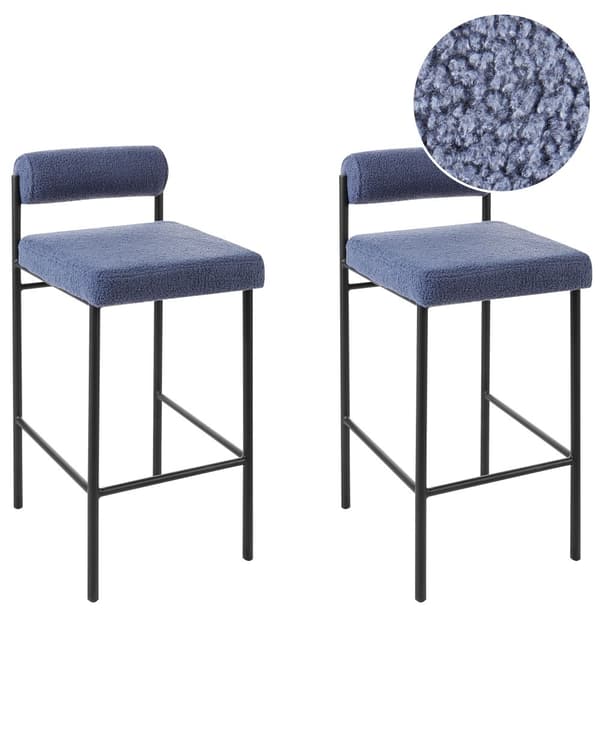 Barstole Blå Boucle Sæt af 2 Høj Køkkenstole Retro Rund Ryglæn Fodstøtte Design Counterstol til Barbord Stole til Køkkenø