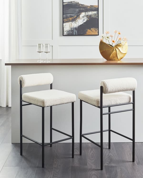 Barstole Hvid Boucle Sæt af 2 Høj Køkkenstole Retro Rund Ryglæn Fodstøtte Design Counterstol til Barbord Stole til Køkkenø