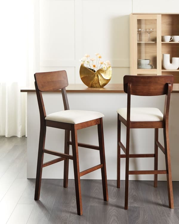 Sett med 2 barstoler Mørkt tre Lys beige Gummitre Polyester Polstret sete Moderne design Spisestue Kjøkken