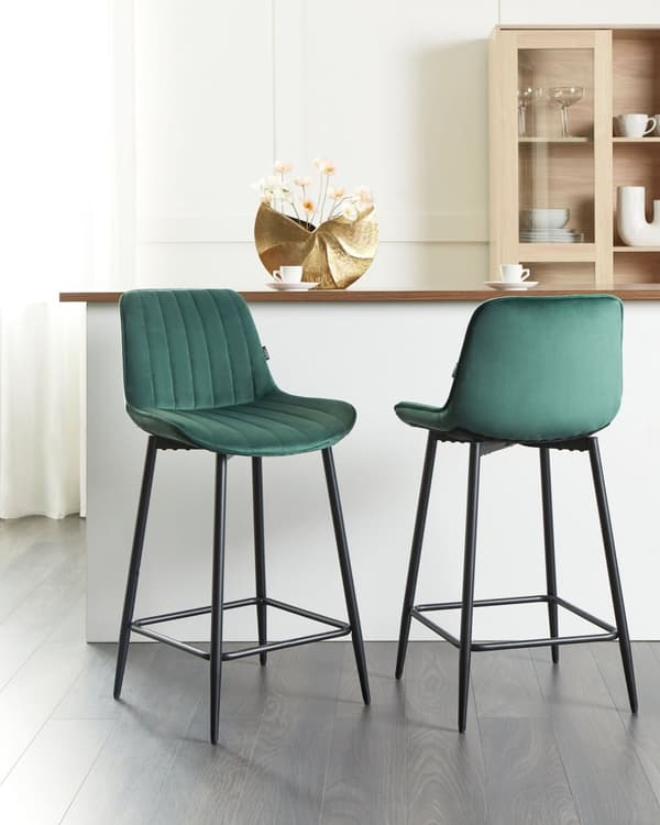 Barstol Grøn Bouclé Sæt af 2 Høje Køkkenstole med Ryglæn til Barbord og Køkkenø Retro Design
