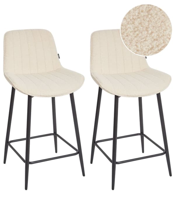 Sett med 2 Barstoler Lys Beige Armløs Boucle Svart Stålben Moderne Design Spisestue Sitteplasser