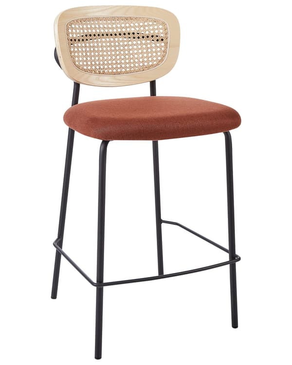 Sett med 2 barstoler Oransje Lyst tre Svart Polyesterstoff Ryggstøtte i flettet rotting Metallben Uten armlener Moderne design