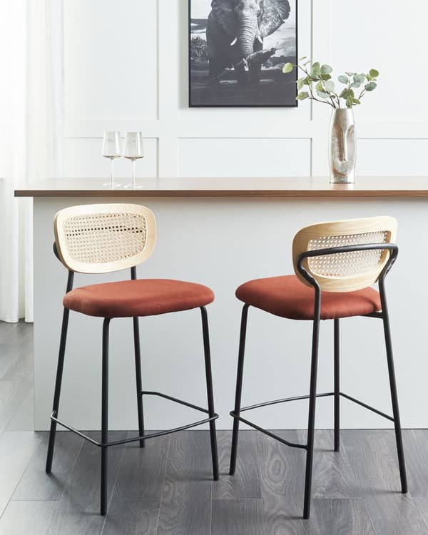 Sett med 2 barstoler Oransje Lyst tre Svart Polyesterstoff Ryggstøtte i flettet rotting Metallben Uten armlener Moderne design