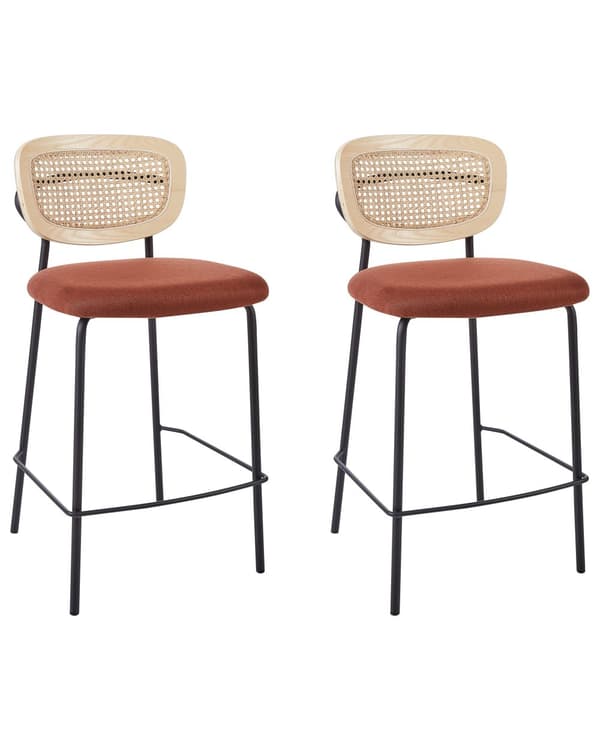 Sett med 2 barstoler Oransje Lyst tre Svart Polyesterstoff Ryggstøtte i flettet rotting Metallben Uten armlener Moderne design