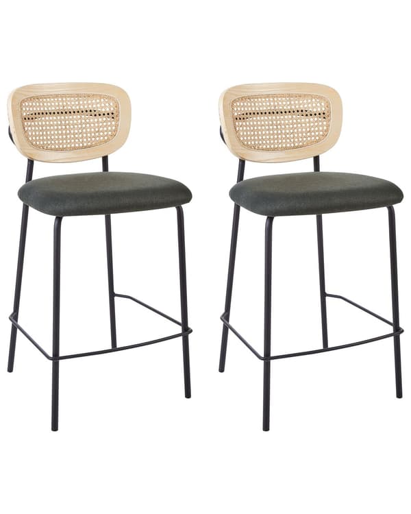 Sett med 2 barstoler Mørkegrønn Lyst tre Svart Polyesterstoff Ryggstøtte i flettet rotting Metallben Uten armlener Moderne design