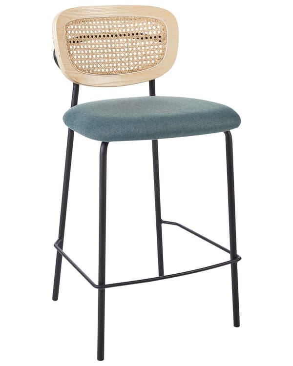 Sett med 2 barstoler Blå Lyst tre Svart Polyesterstoff Ryggstøtte i flettet rotting Metallben Uten armlener Moderne design