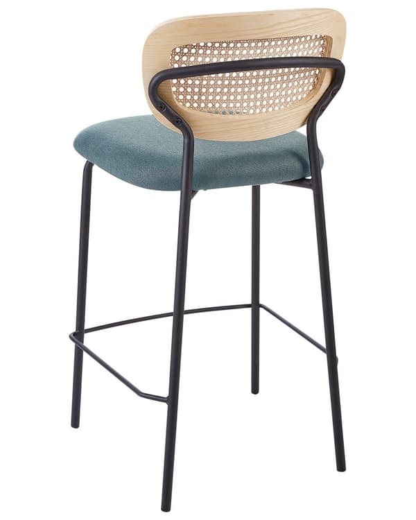Sett med 2 barstoler Blå Lyst tre Svart Polyesterstoff Ryggstøtte i flettet rotting Metallben Uten armlener Moderne design