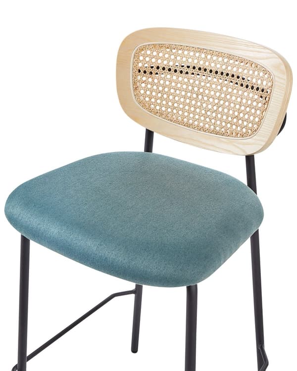 Sett med 2 barstoler Blå Lyst tre Svart Polyesterstoff Ryggstøtte i flettet rotting Metallben Uten armlener Moderne design