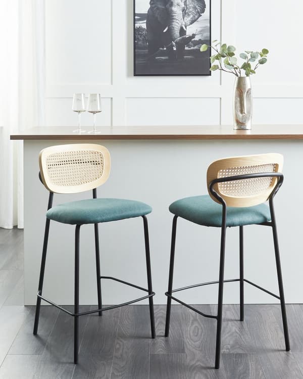 Sett med 2 barstoler Blå Lyst tre Svart Polyesterstoff Ryggstøtte i flettet rotting Metallben Uten armlener Moderne design