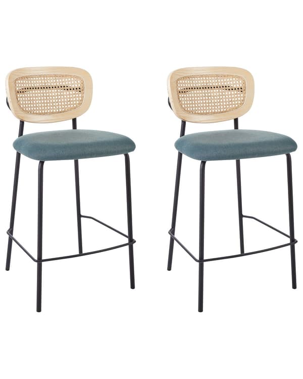 Sett med 2 barstoler Blå Lyst tre Svart Polyesterstoff Ryggstøtte i flettet rotting Metallben Uten armlener Moderne design