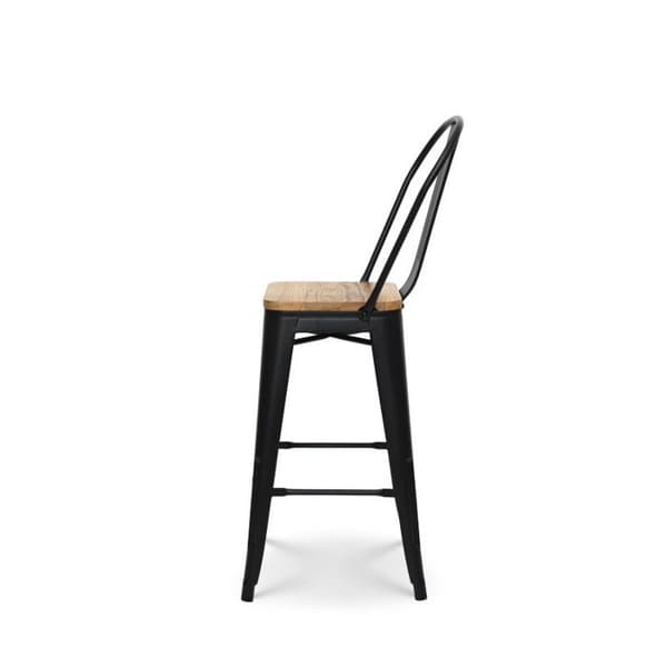 KOSMI - Industriell stil mattsvart metallbarstol med hög rygg och ljus träsits - Höjd 66cm
