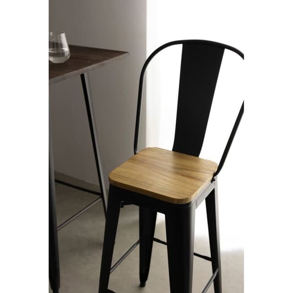 KOSMI - Industriell stil mattsvart metallbarstol med hög rygg och ljus träsits - Höjd 66cm
