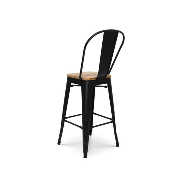 KOSMI - Industriell stil mattsvart metallbarstol med hög rygg och ljus träsits - Höjd 66cm