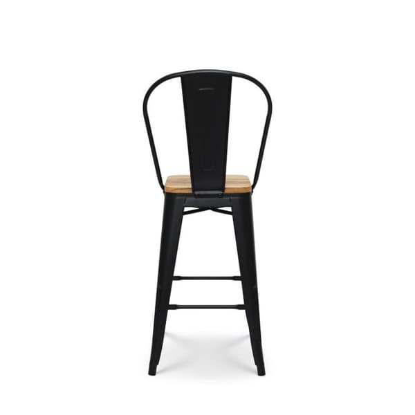 KOSMI - Industriell stil mattsvart metallbarstol med hög rygg och ljus träsits - Höjd 66cm