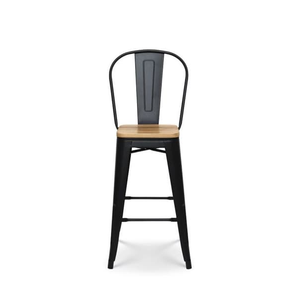 KOSMI - Industriell stil mattsvart metallbarstol med hög rygg och ljus träsits - Höjd 66cm
