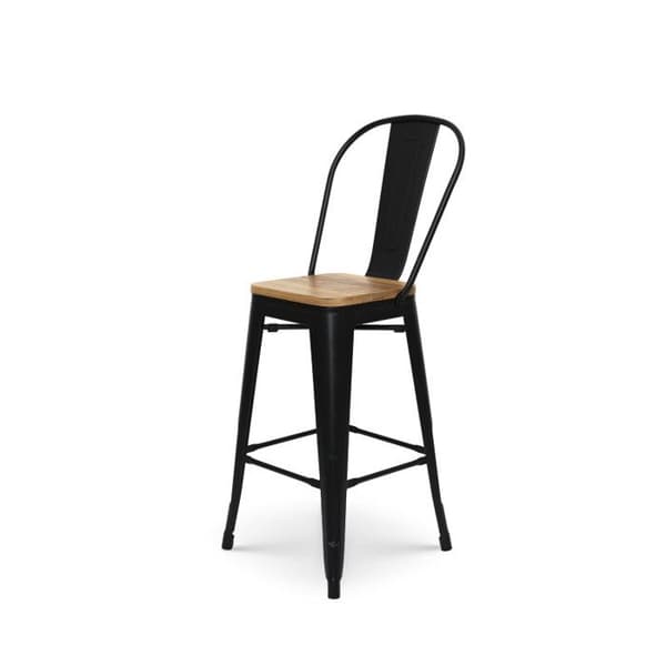 KOSMI - Industriell stil mattsvart metallbarstol med hög rygg och ljus träsits - Höjd 66cm