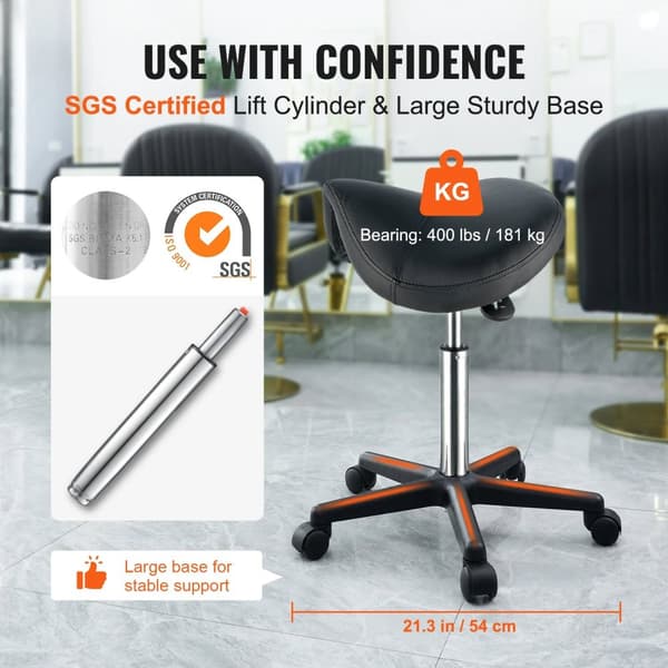 181kg kapacitet ergonomisk sadelpall med 5 svängbara hjul, förstorad och förtjockad sittdyna, 510-710mm justerbar höjd