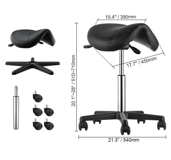 181kg kapacitet ergonomisk sadelpall med 5 svängbara hjul, förstorad och förtjockad sittdyna, 510-710mm justerbar höjd