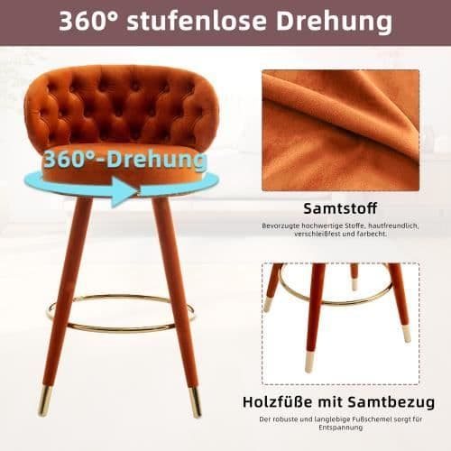 Barstol - Noname - 360° - Orange sammet - Set med 2 - Ben i massivt trä