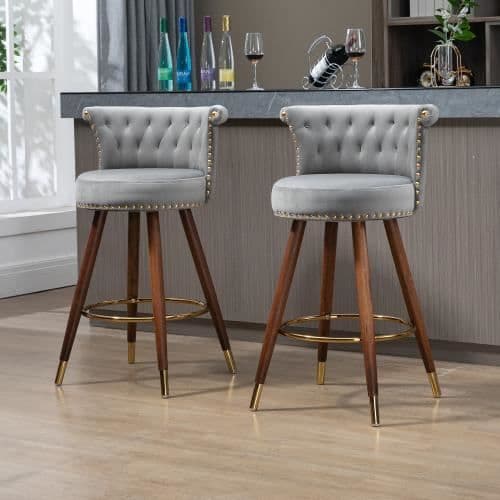 Barstol - Ej specificerad - 2PC-SET - Grå sammet - Träben - 360° rotation