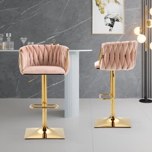 Hög matstol, vintage barpall med rygg och fotstöd, 2PC-SET, rosa