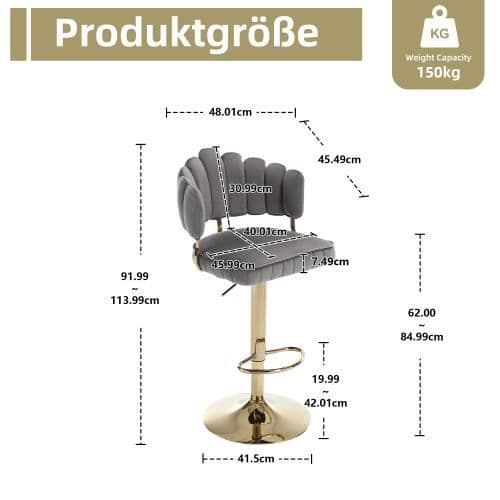2-sits vridbar barpall, justerbar bänkstol med fotstöd, för kök, matsal, grå