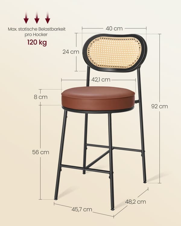 Rootz 2 Pack baarijakkarat - Tasokorkeat tuolit - Keittiön jakkarat - Kestävää materiaalia - 48,2 cm x 45,7 cm x 92 cm, karamelliruskea