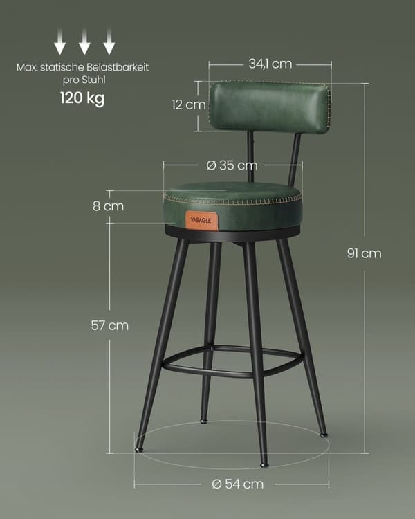Rootz 2 baarituolisarja - Metsänvihreät jakkarat - Teräsrunko - Valettu vaahtomuovi - PU-nahka - 54cm x 54cm x 91cm - 13,6kg - 120kg Kapasiteetti