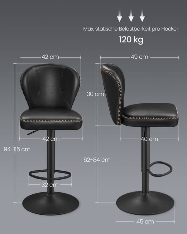 Rootz 2-osaiset baarituolit - Työtuolit - Keittiön jakkarat - PU-nahka - 42cm x 49cm x (94-115)cm - Teräsrunko
