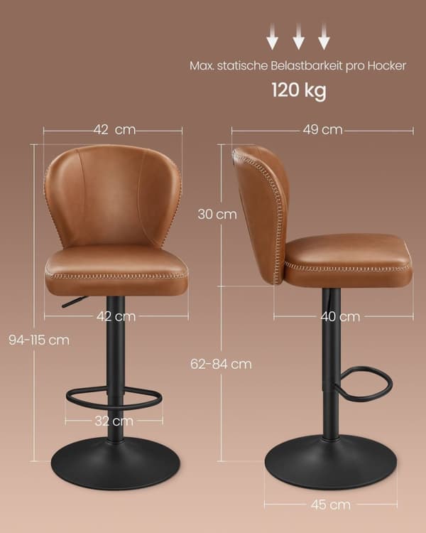 Rootz sæt med 2 barstole - Bordstole - Køkkenskamler - Stålstel - PU-læder - 42cm x 49cm x (94-115)cm